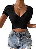 Stoff: Hoch-dehnbar GORGLITTER Crop Shirt Damen Kurzarm Crop Top Bauchfreies Top Mit Ausschnitt Top Mit Kreuzgurt V Ausschnitt Sommer Oberteile Schwarz M