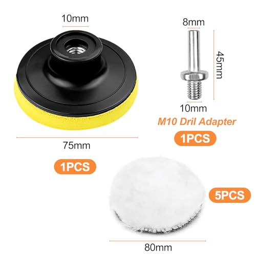 Newpop 7 Piezas Pulir Coche Kit con Disco Autoadhesivo, 80 mm Almohadilla de Pulido de Lana, Pulir Coche Taladro Almohadillas para Limpieza y Pulido de Carrocerías, con Adaptador de Broca M10 - imagen 2