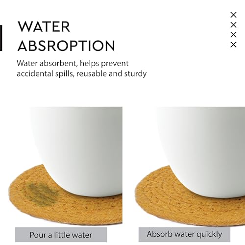 Image of Encasa XO Drink Coasters Set of 6 | Yellow with Round (9 cm) | Handcrafted Ribbed Cotton | Absorbent & Heat-Resistant | Use for Tea, Coffee Table & Desk