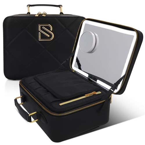 BAREZ Premium PU Leather Makeup Bag With LED Mirror - 3 Brightness Mirror Light Settings - Adjustable Dividers - Removable Mirror Waterproof Cosmetic Travel Bag - A Luxury Gift for Her (Black)