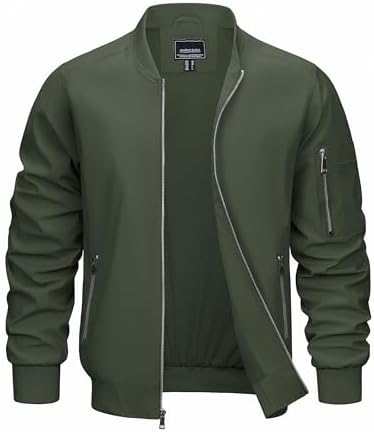 CRYSULLY Men's Bomber Jacket Lightweight Spring Fall Casual Windbreaker Full Zip Waterproof Outwear Coats Army Green XL