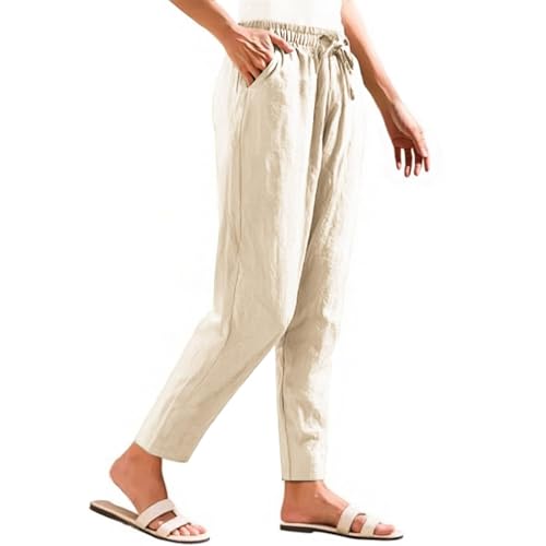 Linen Pants Women Straight Leg Breathable Trousers Casual Drawstring Loose Fit Summer Comfortable Beach Clothing2