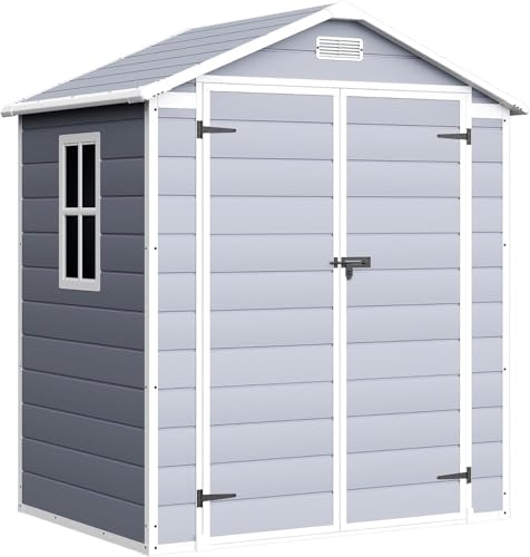 Image of Devoko 6 x 4 FT Plastic Outdoor Storage Shed with Floor, Resin Tool Shed with Window, Outside Waterproof Garden Shed with Lockable Door for Patio, Backyard, Poolside, Light Grey