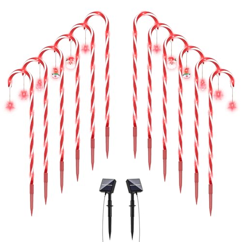 ALFIOT Solar Christmas Candy Cane Lights, Red 12Pack 28'' Upgraded Pathway Stake Lights Outdoor, 8 Modes 2000MAH Walkway Outdoor Markers with Stakes for Garden Patio Xmas Decorations by ALFIOT - Image 9