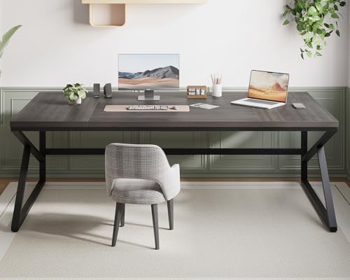 Image of HSH Extra Long Home Office Desk, Industrial Metal Wood Computer Desk, Large PC Laptop Table for Two Person Executive Writing Work Study Gaming, Bedroom Living Room Dual Monitor Desk, Dark Gray,78 Inch