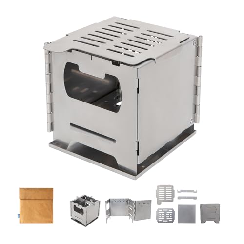 COOK'N'ESCAPE Portable Wood Burning Stove, Foldable Stainless Steel Camp Burner with Titanium Grill Plate and Ash Tray, Secondary Combustion Survival Gear for Hiking Outdoor Tent Camping Picnic BBQ