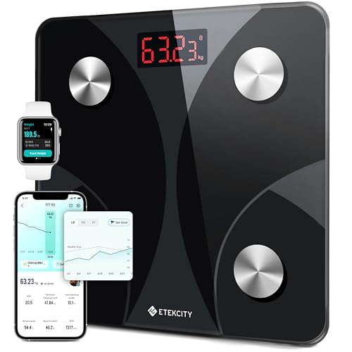 Etekcity Waage Personen - Personenwaage digital mit Körperfett und Muskelmasse - 180kg Körperfettwaage - Fitness Scale - 13 Körperwerte - Körperfett/BMI/Muskelmasse/Protein/BMR - Schwarz