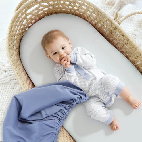 3 Pack Stretchy Bassinet Sheets - Universal Fit for Rectangle, Round, Oval, Hourglass Cradles & Moses Baskets - Soft Breathable Fitted Bassinet Sheets Set for Baby - Blue & Grey Star - Thumbnail 5