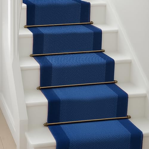 Image of Bravich Navy Border Hallway Runner Rug, Hessian Backed Flexible Stair Carpet Runner, Extra Long Length, Ideal for Stairs, Hallways & Kitchens 60x180CM (2'X6')