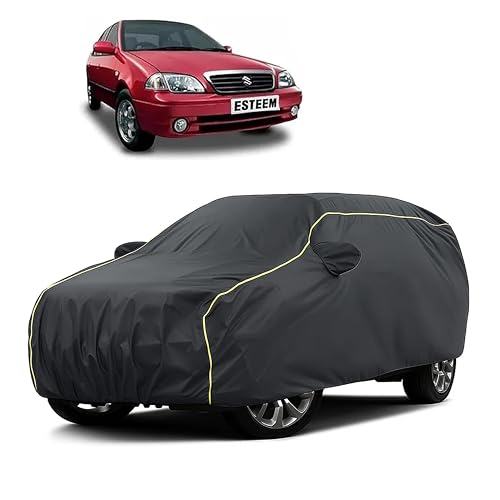 Image of Sulfar 100% Water Resistant Car Body Cover Compatible with Mirror for Maruti Suzuki Esteem (Triple Stitched, Full Bottom Elastic, Dark Grey Taffeta with Yellow Piping)