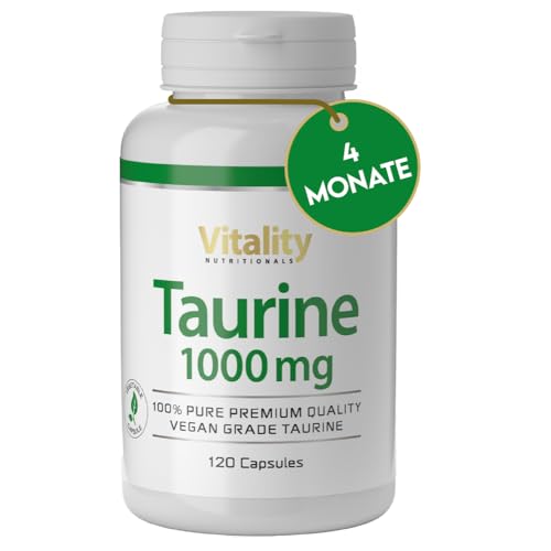 Taurin Kapseln 1000 mg. 4 Monate 1 Kapsel Pro Tag. Taurin Kapseln Hochdosiert. Pre Workout Ohne Koffein, Aminosäuren, Frei von Laktose, Gluten und Hefe, Vegan. Vitality Nutritionals by VitaminExpress