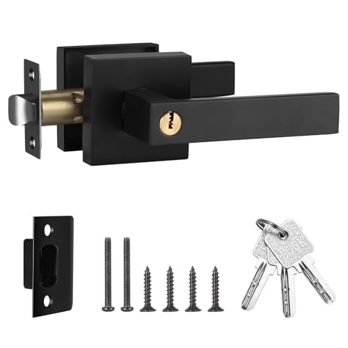 Juego de Manillas para Puerta Manija de Puerta con Cerradura y Llave Maneta Cuadrada Puerta Exterior con Llaves para Dormitorio Negro Reversible para Puertas con Apertura a la Derecha o a la Izquierd