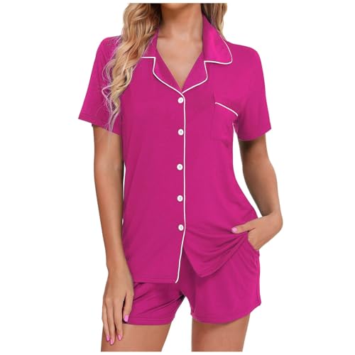 Generisch 2026 Novedades Pijamas Mujer Mujer Conjunto Pijama Manga Corta Ropa de Dormir Botón Abajo Ropa de Dormir Pantalones Cortos Conjuntos Suave, Rosa intenso., S