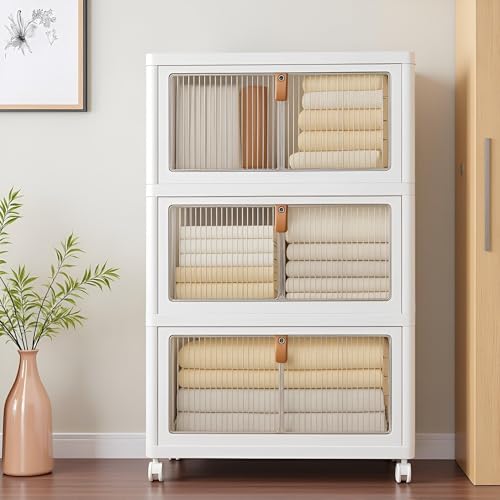 Image of Sunderlook Plastic Wardrobe for Kids Clothes - Standing Desk Premium Comfort Foldable Collapsible Wardrobes for Clothes, Large Plastic Cupboard for Kids, Men and Women (Bright White, 3 Door)