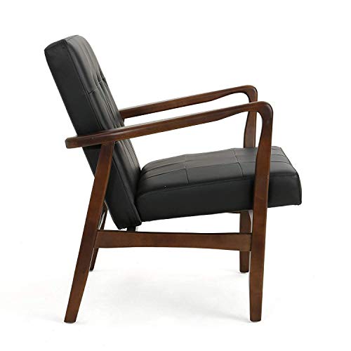 Image of APRODZ Solid Wood Accent Chair for Living Room Mid Century Modern Faux Leather Upholstered Chair with Wooden Legs Lounge Button Tufted Chair for Bedroom Office Seating (Black)