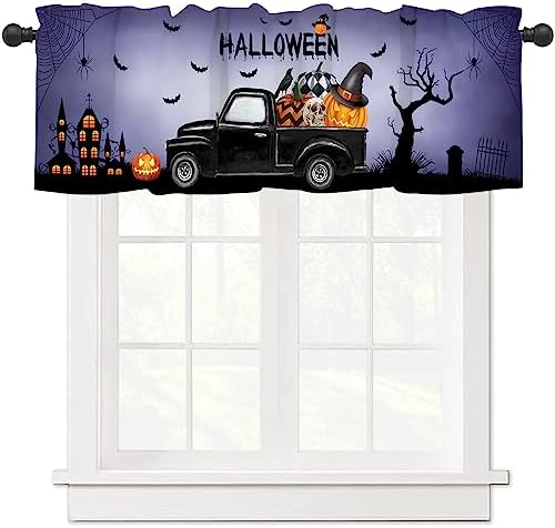 Halloween Valance Curtains for Kitchen, Pumpkin Farm Truck Window Valances Rod Pocket Drapes, Skull Crow Haunted Castle Purple Fog Short Curtain Valance for Bathroom Halloween Decoration, 18″X54″W