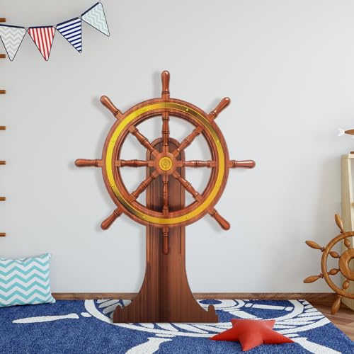 Image of DoubleFill 4 Feet Ship Wheel Cardboard Cutout Nautical Party Decorations Stand up Large Captain Wheel Photo Props Back Drops for Pirate Nautical Party Home Outdoor Decor