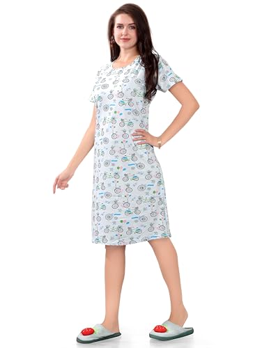 Image of Printed Knee Length Pocket Night Dresses for Women | Cat Lovers | Premium Soft Cotton Nighty | Sky Blue