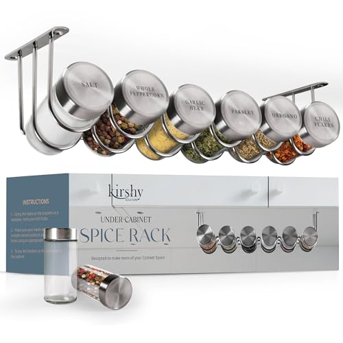 Kirshy Solutions Under Cabinet Spice Rack With 6 Glass Spice Jars & 21 Labels Stainless Steel Spice Storage Rack- Mountable Under Shelf Hanging Spice Rack Holder- Seasoning Kitchen Organizer