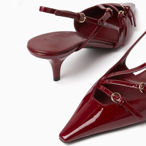 YIYA Cherry Red Slingback Kitten Heels for Women with Buckle Strap Closed Pointed Toe Stiletto Low Heels Backless Slip On Sandals4
