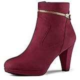 Allegra K Women's Slip On Zip Round Toe Burgundy Heel Ankle Boots - 9 M US
