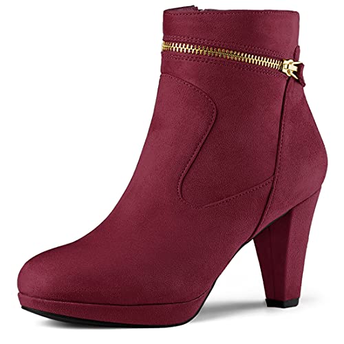 Allegra K Allegra K Women's Slip On Zip Round Toe Burgundy Heel Ankle Boots - 6.5 M US