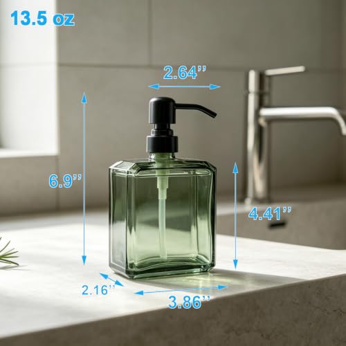 Image of Green Soap Dispenser Glass Rectangular, Black Pump, 13.5 oz | Rust Proof Stainless Steel Pump, Refillable, Hand Soap, Liquild Soap, Dish Soap, Bathroom, Kitchen