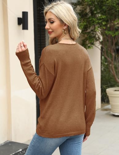 Image of Zeagoo Womens Sweaters Fall Trendy Casual Long Sleeve Shirt Lightweight V Neck Off Shoulder Crochet Pullover Top Outfit