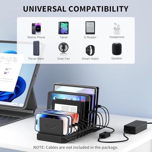 Image of Multi Charging Station, 10-Port USB Charger for Multiple Device with SmartIC Tech and Adjustable Dividers, Organizer Stand Compatible with iPad, Tablet, Kindle, iPhone Speakers (10Port USB)