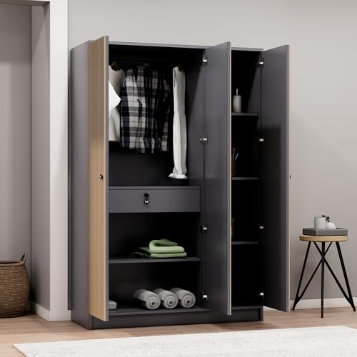 Image of Bniture Luxe 3 Door Wooden Wardrobe for Bedroom with Lockable Drawer & Hanging Space | Engineered Wood Almirah for Clothes with 3D Textured Panels | Wide Spacious Storage Cupboard | Grey & Giant Wood