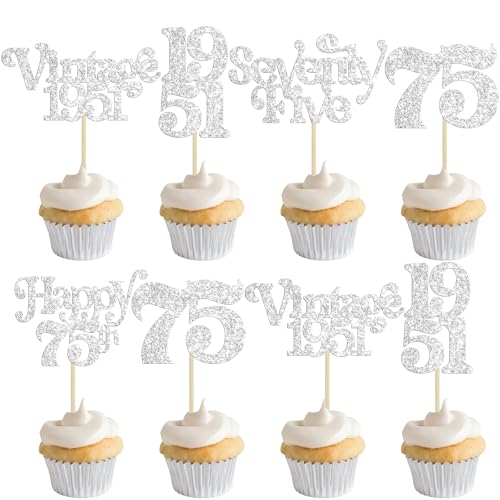 Gyufise 30Pcs 75th Birthday Cupcake Toppers Glitter Vintage 1951 Cheers to 75 Fabulous Seventy Five Cupcake Picks 75th Birthday Wedding Anniversary Party Cake Decorations Supplies Silver