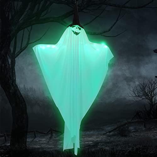 Halloween Hanging Light up Ghost with Spooky Green LED Light,47” White Flying Ghosts Wearing A Hat,Perfect Decor for Indoor Outdoor Porch Garden Patio Lawn Haunted Holiday Party