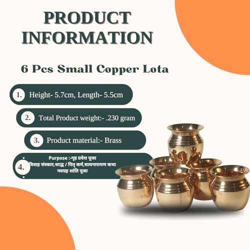 Image of Pure Copper Mini Lota Set of 6 for Pooja | Small Tamba Kalash, For Temple, Hawan & Daily Ritual Use, Traditional Copper Pot, For Home Decor & Gifting