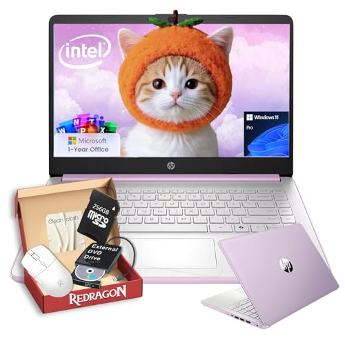 HP 2026 14' Laptop for College Students- 1-Y Office 365, Intel 4-Core Processor, 4GB RAM, 128GB UFS & 256GB SD Card, Wi-Fi 6, Copilot AI, Win 11Pro, All-Day Battery Life, w/Bundle (Purple)