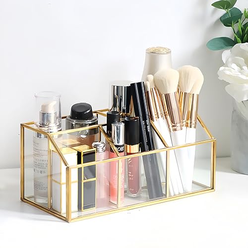 HARLIANGXY Organizer per Cosmetici in Vetro, Organizer per Pennelli da Trucco, Vintage Organizzatore per Trucchi, Porta Trucchi Organizer Oro, Porta Pennelli Cosmetico, Contenitori per Make up ﻿