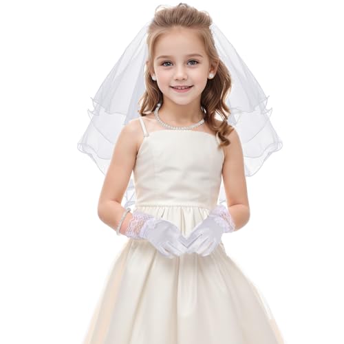Image of Pistha 5 Pack First Communion Veil Set for Girls Bowknot Lace Veil Satin Gloves Rhinestone Accessories for Wedding Party, White