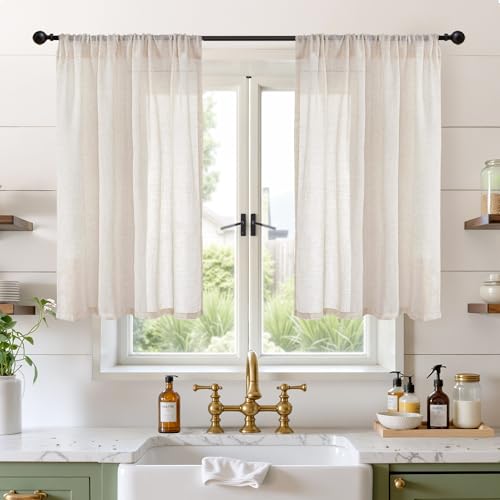 Image of BGment Oatmeal Linen Curtains 42X40 Inch Length for Short Windows | Semi Sheer Drapes Textured Light Filtering with Rod Pocket for Kitchen Bathroom Lightweight, 2 Panels Set