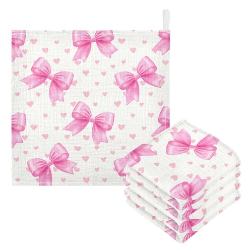 Nander 5Pack Baby Muslin Washcloths,Cute Pink Bows Soft Face Cloths for Newborn, Absorbent Bath Wash Cloths, Wipes, Burp Rag,Toddlers Essentials Stuff, Baby Registry as Shower