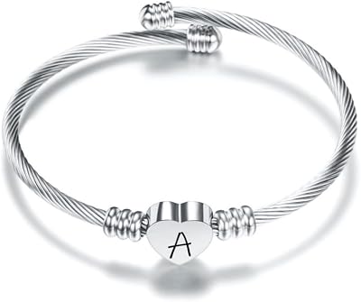 Plata Amor Corazón 26 Letra Inicial Alfabeto A-Z Pulsera Joyería Regalo Ajustable Para Hija Hijo Hermanas Amigos Madre Colega Amante Cumpleaños Navidad