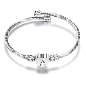 Suonie Plata Amor Corazón 26 Letra Inicial Alfabeto A-Z Pulsera Joyería Regalo Ajustable Para Hija Hijo Hermanas Amigos Madre Colega Amante Cumpleaños Navidad (A)