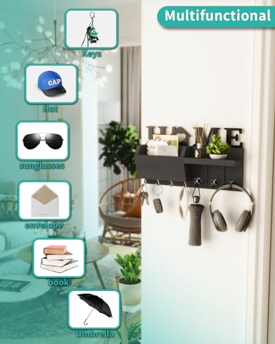 HapiRm Schlüsselhalter mit HOME Dekoration, Schlüsselbrett Holz mit 7 Schlüsselhaken, Schlüsselbrett mit Ablage Geeignet für Eingangsbereich, Haustür, Flur, Schlafzimmer, Schwarz