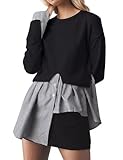 Picture of MISSACTIVER Women Slit Crew Neck Patchwork Sweater Asymmetrical Hem Shirt Top 2 in 1 Buttons Down Pullover Knit Sweater Black