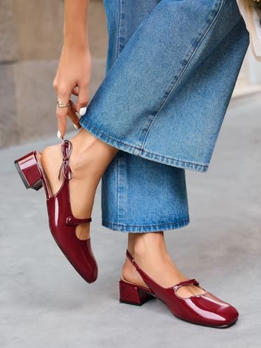 Image of Coutgo Womens Mary Jane Shoes Slingback Chunky Low Heels Bow Closed Square Toe Pumps Wedding Party Dress Shoes