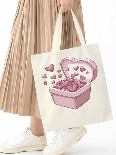 Canvas Tote Bag, Valentine's Day Aesthetic Canvas Tote Handbags for Women Shoulder Bag Pink Love Heart2