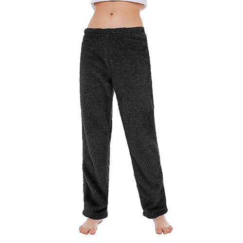 Womens Plush Pajama Pants Soft Fuzzy Pajama Bottoms For Women Cozy Pj Fleece Lounge Pants Black S #TOP29