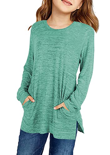 Dauocie Girls Long Sleeve Shirts Side Split Tunic Tops with Pocket Crew Neck Basic Shirt