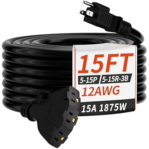 PlugSaf 15 FT 12 Gauge Outdoor Extension Cord with Multiple Outlets, Flexible 3 Outlet Weatherproof Heavy Duty Extension Cord Waterproof Black, 15A 1875W 12AWG SJTW, ETL Listed Cover