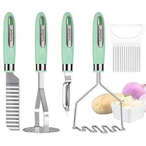 Aschef 5in1Roestvrij Staal Aardappelstampers Sets, Aardappelpers Dunschiller Golfsnijder & Uienkam, Handleiding Potato Masher aardappelpuree Pureestamper Crusher met Antislip Handvat, Stamper Voor Aardappelen Salade Fruit Groenten Uien friet Praktische Keukenhulp.