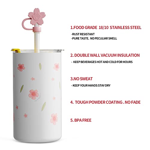Sweeteek Travel Coffee Mug Spill Proof, Floral Print Vacuum Insulated Stainless Steel Skinny Tumbler With Straw, Coffee Mug To Go, Cherry Blossom Thermos Cup, Gift For Women, 17Oz #TOP3