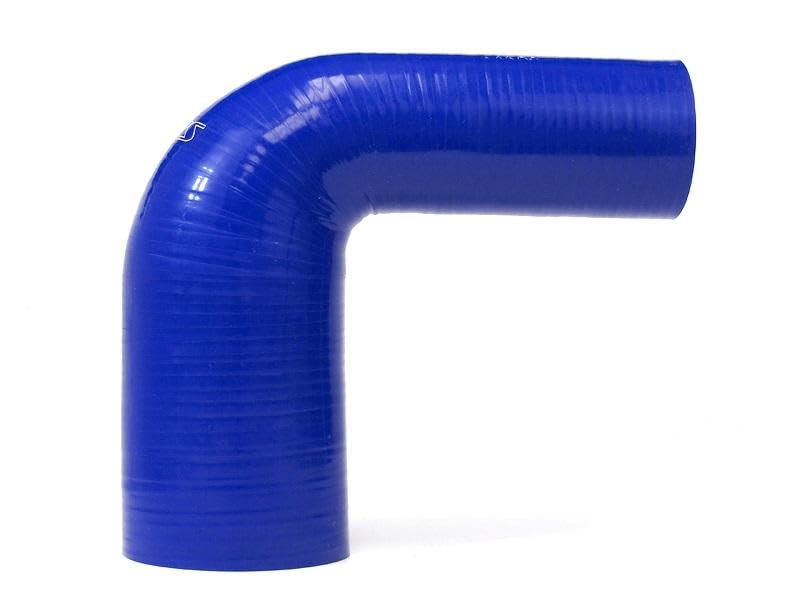 HPS HTSER90-200-225-BLUE Silicone High Temperature 4-ply Reinforced 90 degree Elbow Reducer Coupler Hose, 55 PSI Maximum Pressure, 4" Leg Length on each side, 2" > 2-1/4" ID, Blue